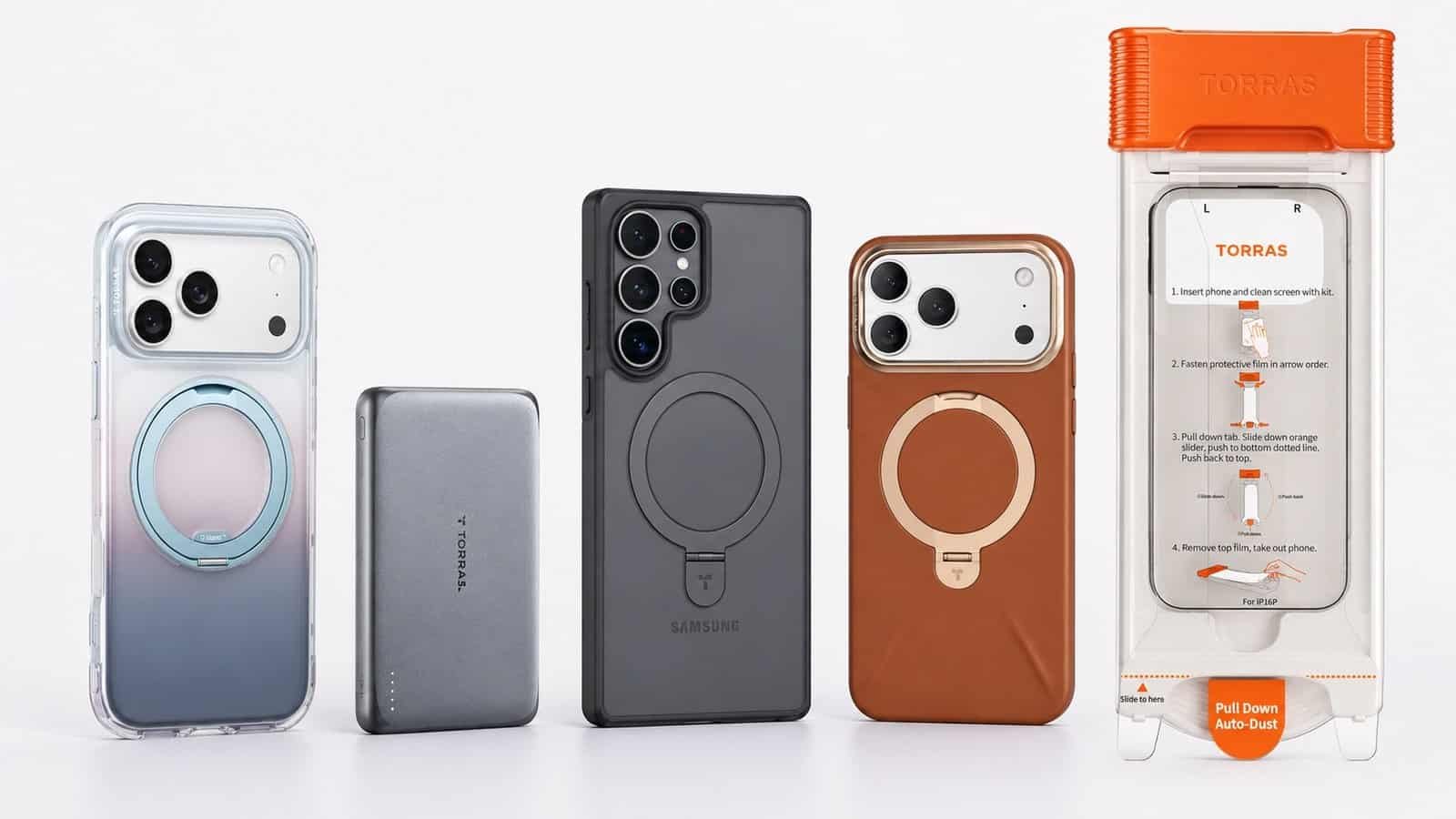 TORRAS brand product lineup including phone cases, screen protector, and MiniMag Pro power bank on a clean white surface