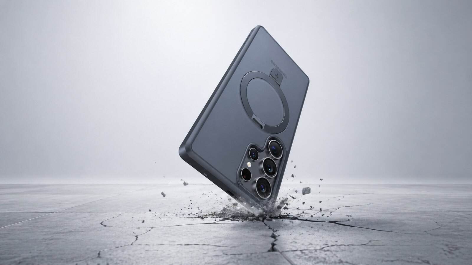TORRAS Guardian MagSafe phone case mid-drop, striking a hard floor corner-first as cracks and debris appear, highlighting shockproof protection and built-in magnetic ring.