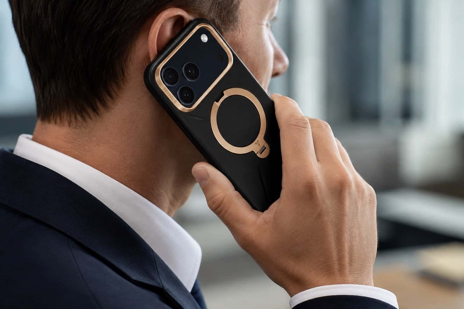 A businessman in a suit holds an iPhone 17 Pro Max to his ear during a call, showcasing the black TORRAS Ostand Q3 VegSkin case with a gold magnetic ring stand and matching camera frame.