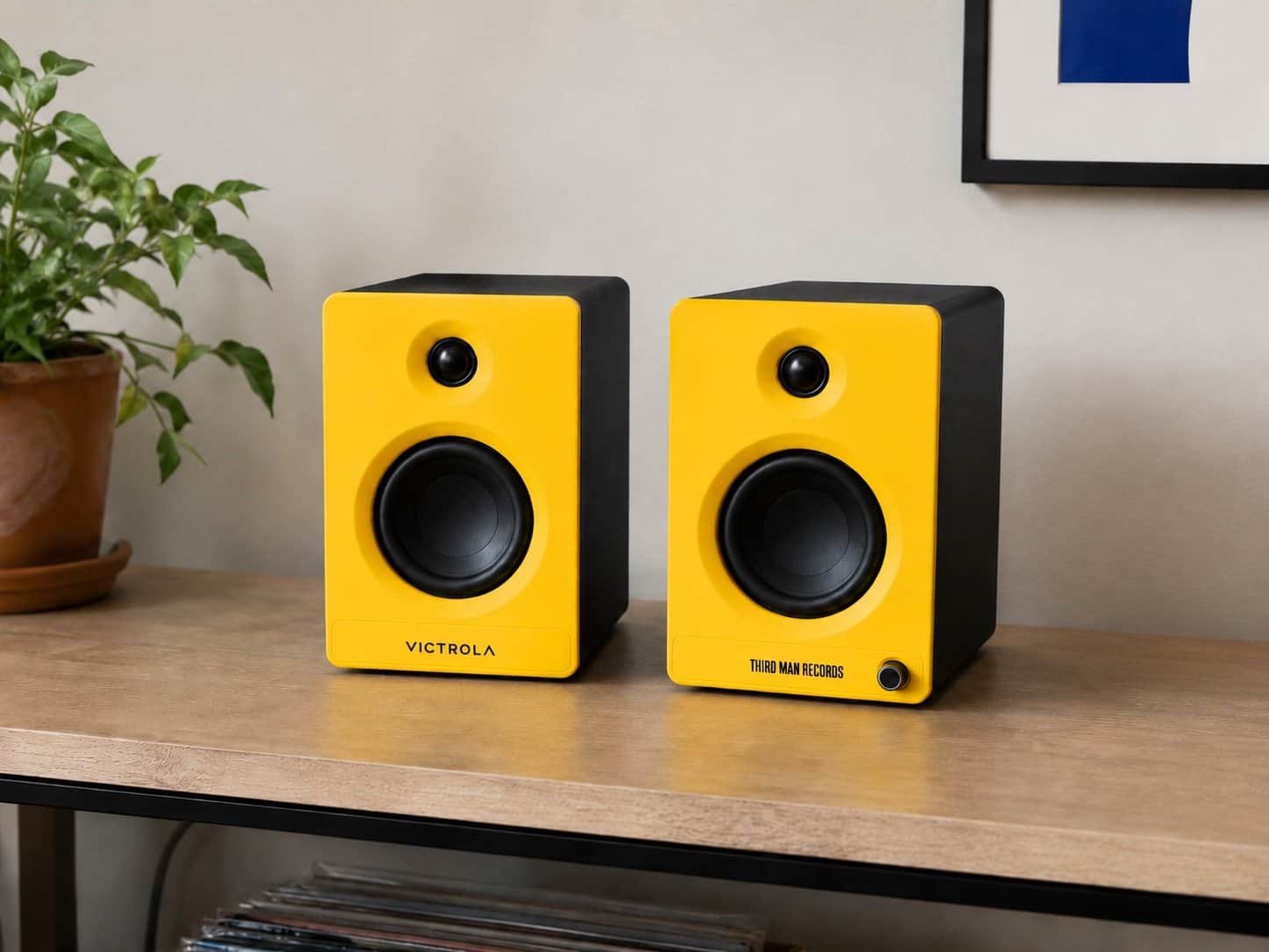 Victrola Tempo bookshelf speakers in Third Man Records yellow and black colorway
