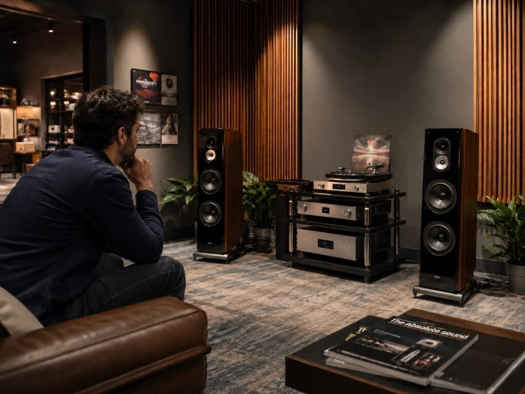 Customer listening to speakers in a Worldwide Stereo home theater showroom demo room