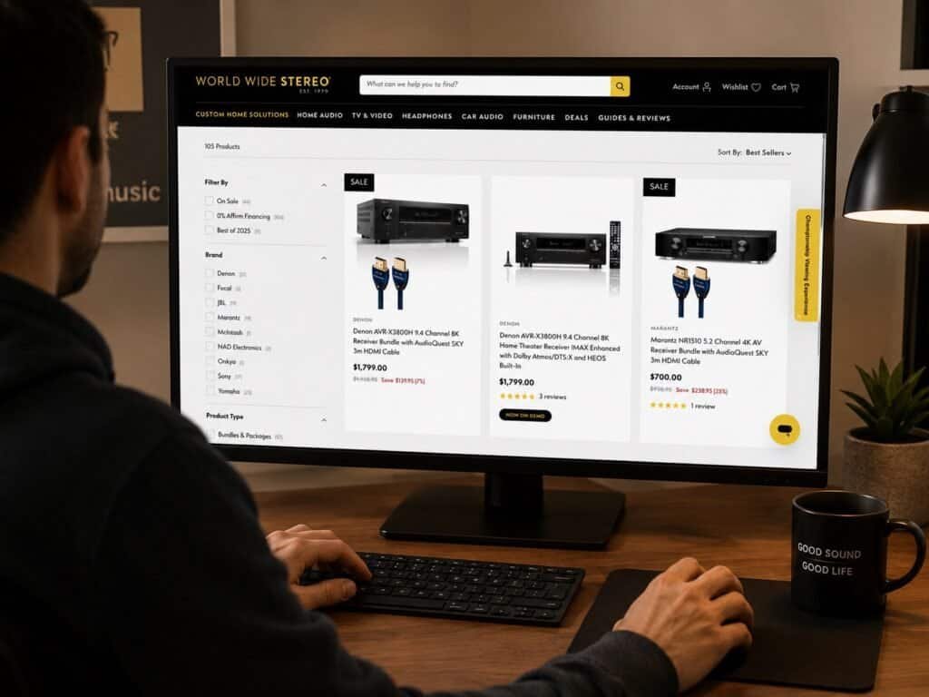 Person browsing the Worldwide Stereo product page on a desktop computer in a warm home office.