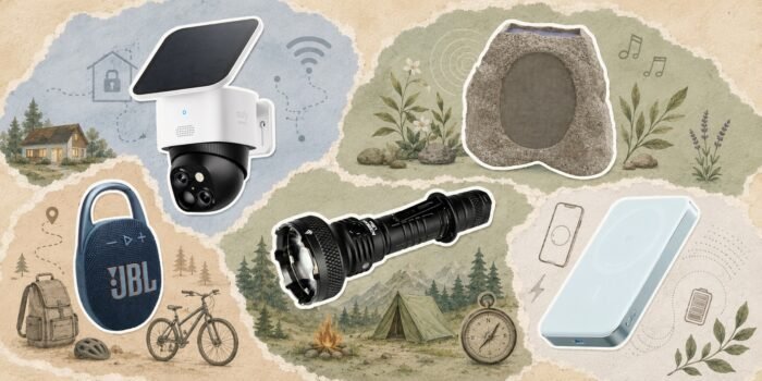 Outdoor tech gadgets summer 2026 – JBL Clip 5, Eufy SoloCam, Acebeam flashlight, Victrola Rock Speaker and Anker power bank collage