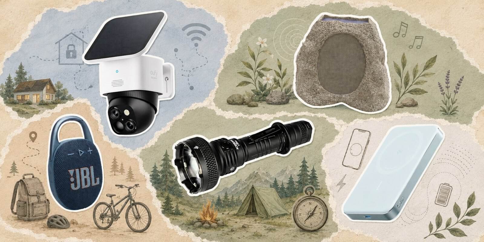 Outdoor tech gadgets summer 2026 – JBL Clip 5, Eufy SoloCam, Acebeam flashlight, Victrola Rock Speaker and Anker power bank collage