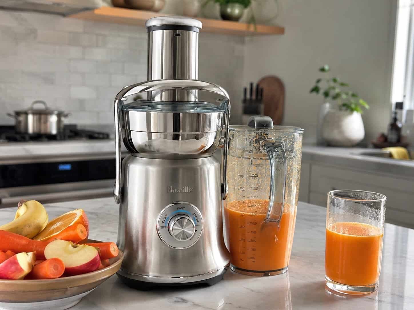 Hurom vs Breville juicer – Breville Juice Fountain Cold XL with carrot juice and fresh produce on marble counter