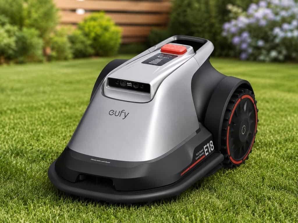 Eufy review – eufy E18 robot lawn mower navigating yard autonomously without boundary wires