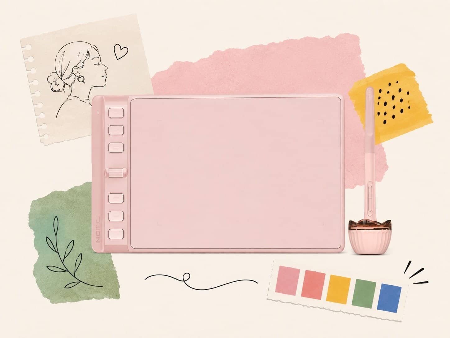 Huion review – Inspiroy 2 S pen tablet in sakura pink with stylus and cat pen holder