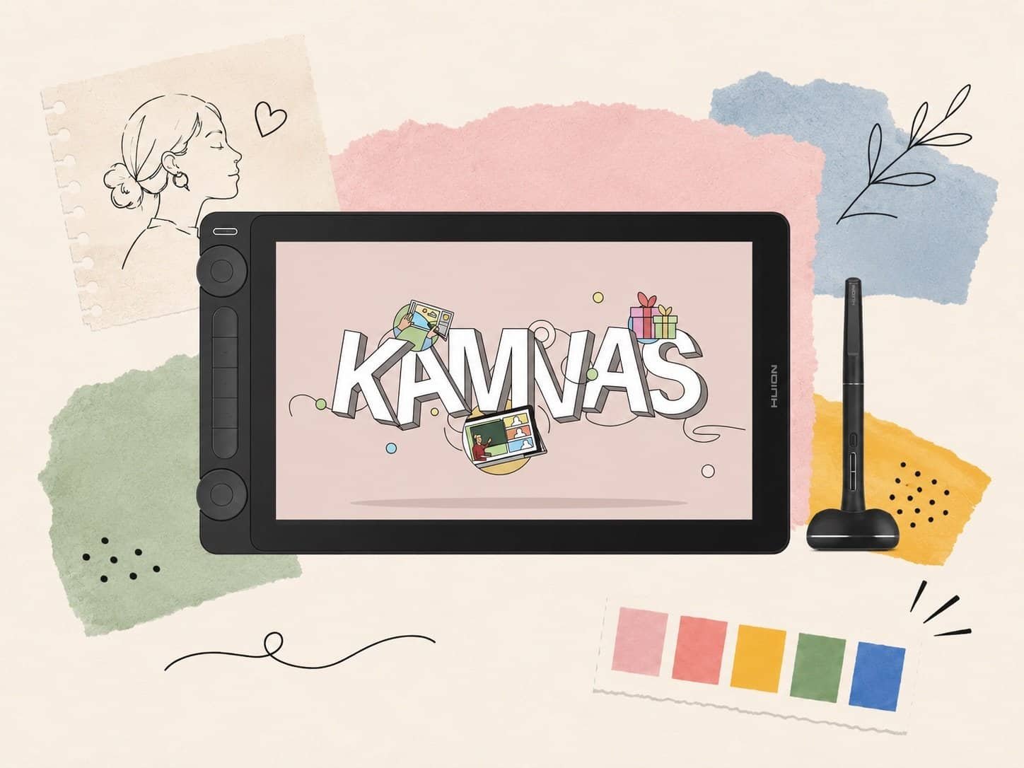 Huion review – Kamvas 13 Gen 3 pen display with stylus showing KAMVAS branding