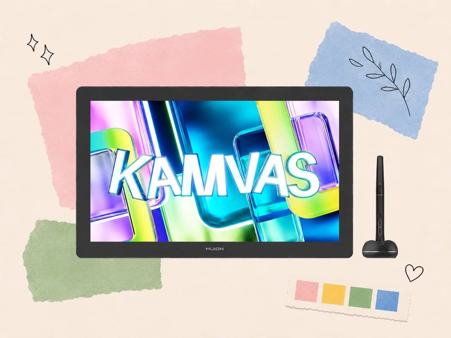 Huion review – Kamvas 22 Gen 3 QHD pen display with stylus showing colorful KAMVAS screen