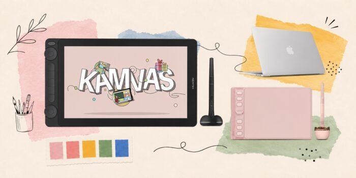 Huion review – Kamvas 13 pen display with Inspiroy 2 S pink tablet and MacBook on artist desk