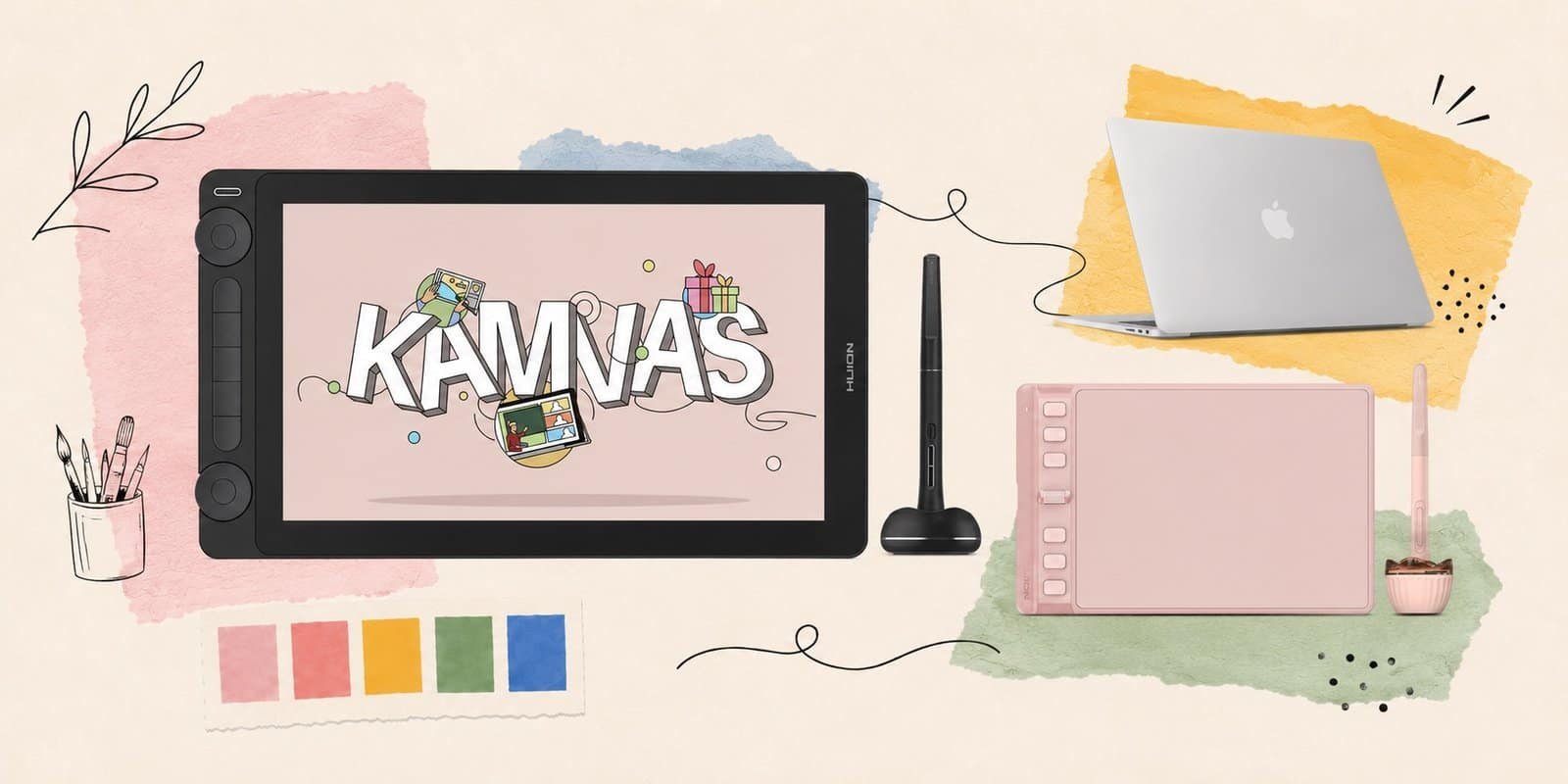 Huion review – Kamvas 13 pen display with Inspiroy 2 S pink tablet and MacBook on artist desk