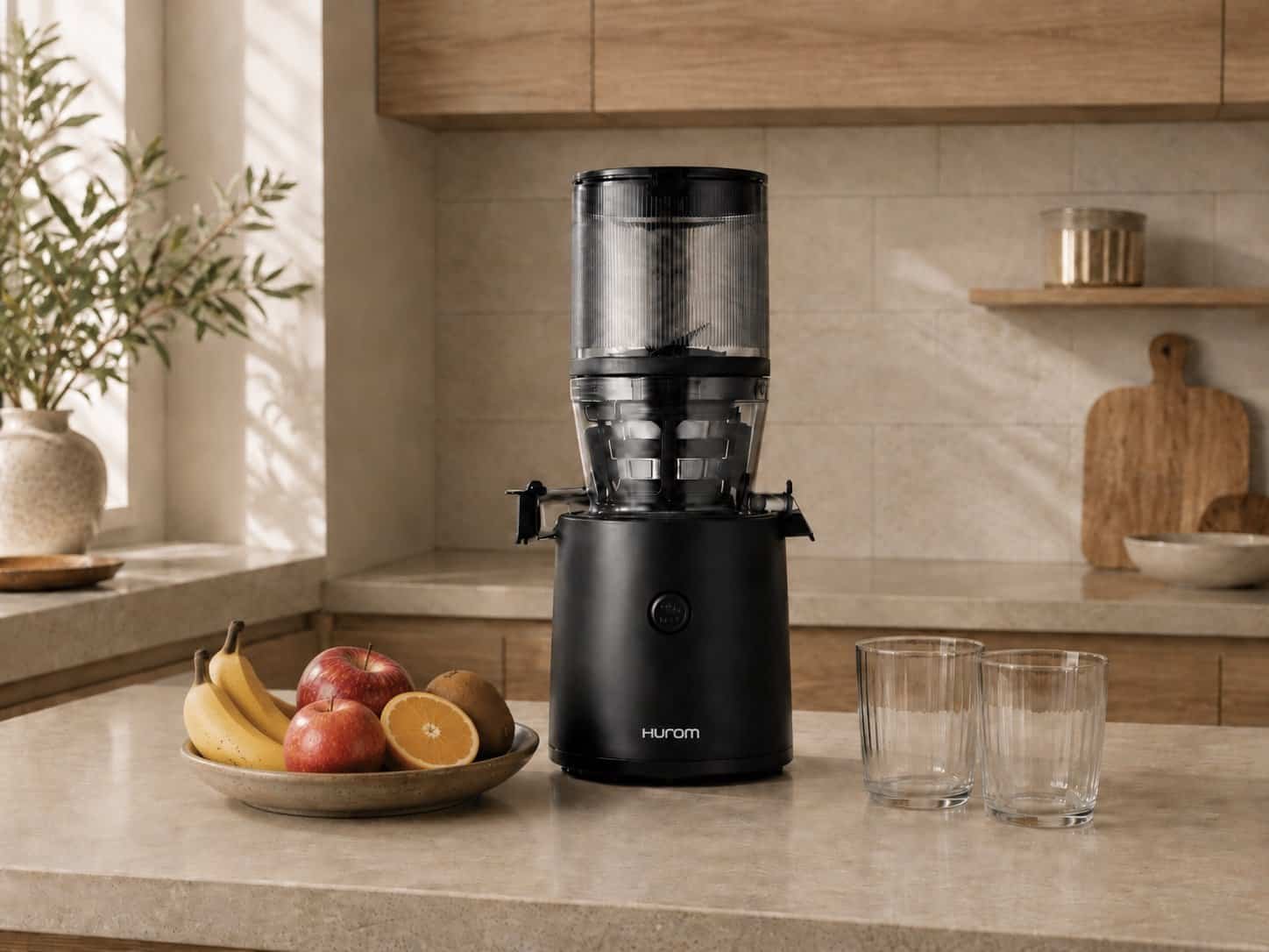 Hurom juicer review – H320 slow juicer in matte black on marble kitchen counter with fresh fruit