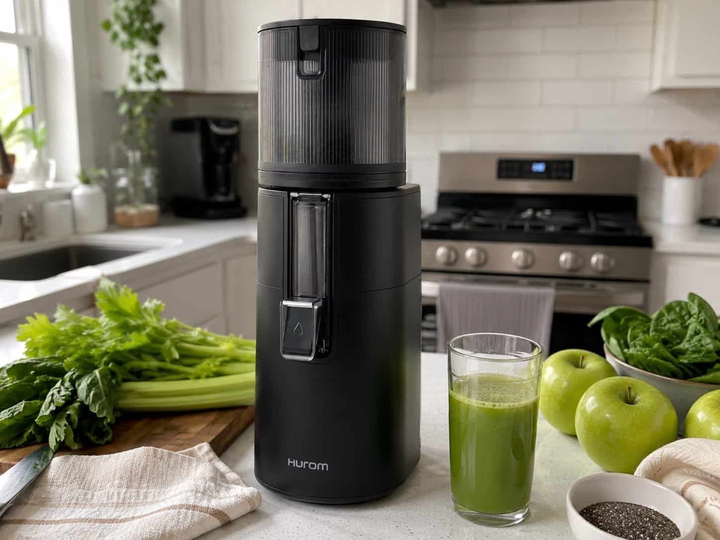 Hurom vs Breville juicer – Hurom H400 slow juicer in black with green juice celery and apples on kitchen counter
