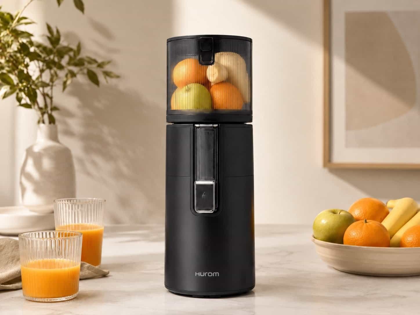 Hurom juicer review – H400 slow juicer in matte black with oranges and fresh juice on kitchen counter