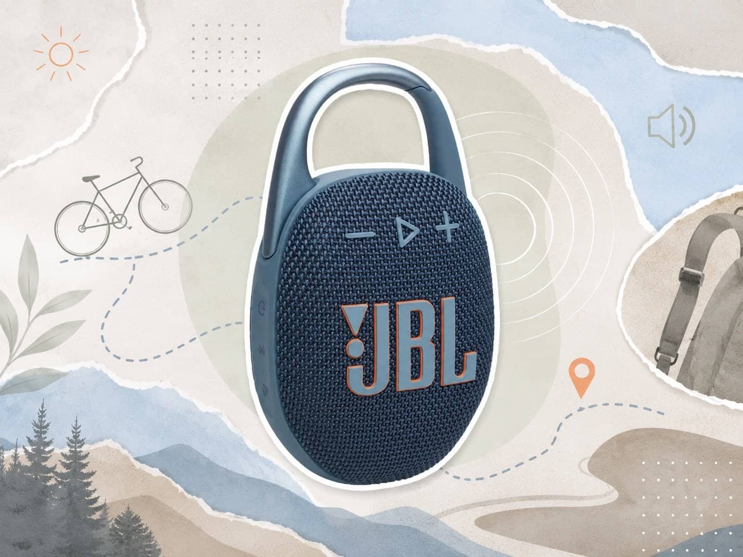 Outdoor tech gadgets – JBL Clip 5 waterproof Bluetooth speaker in blue for hiking and cycling