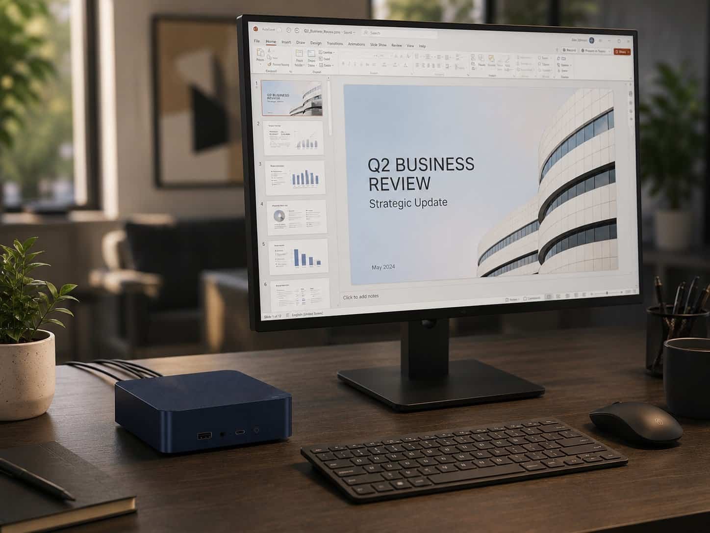 Beelink review – Beelink EQ14 N150 mini PC in navy blue on office desk