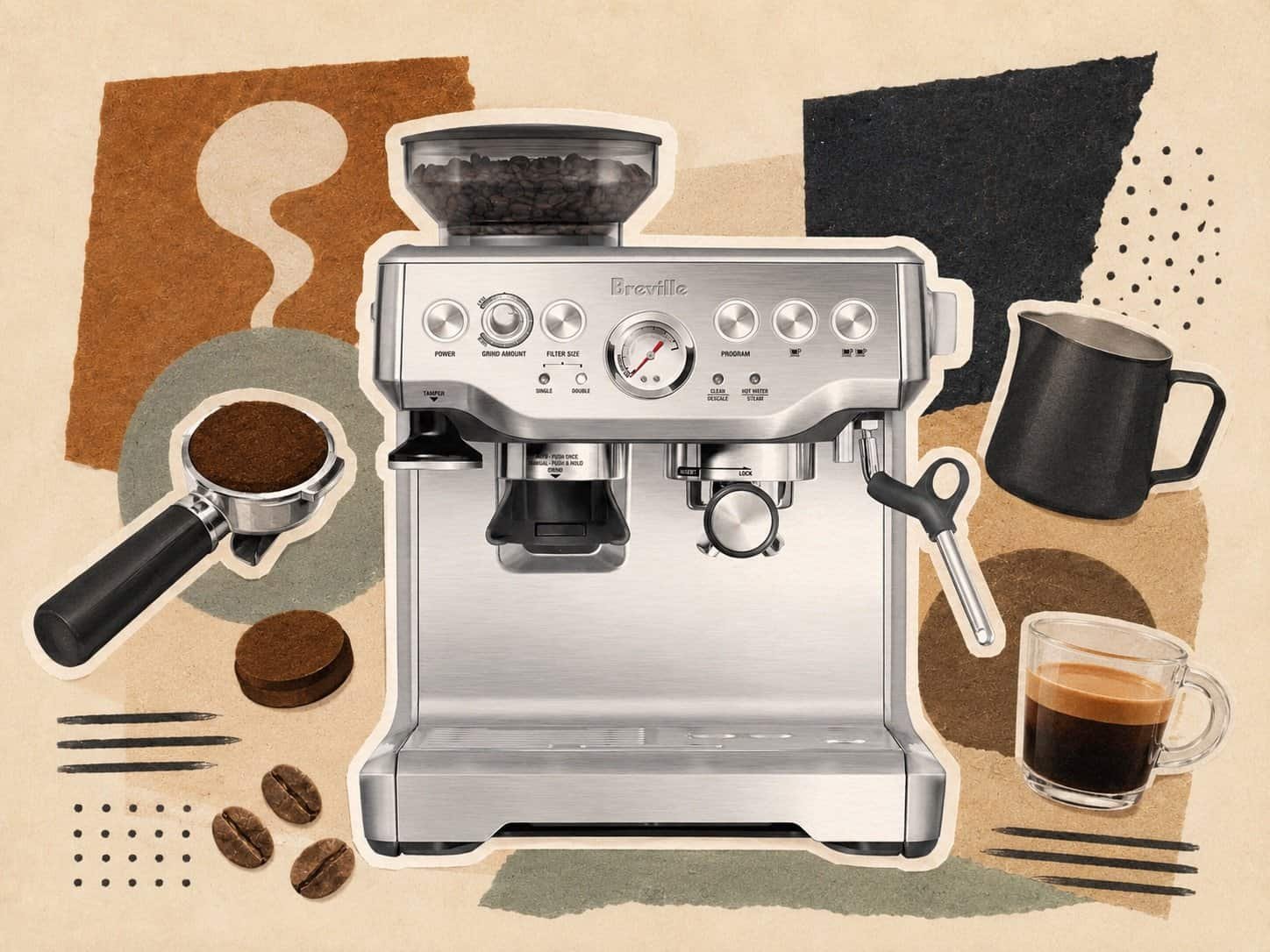 How to choose a coffee machine – Breville Barista Express espresso machine with portafilter and espresso shot