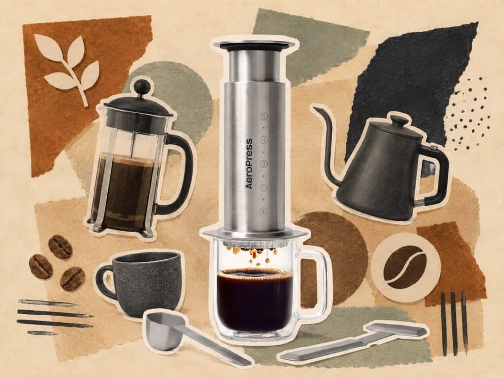 How to choose a coffee machine – French press and AeroPress manual coffee brewing methods with gooseneck kettle