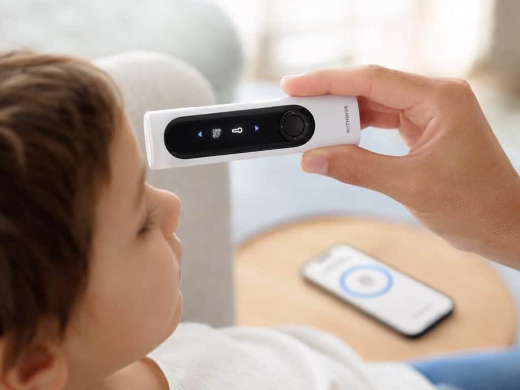 Withings BeamO handheld device measuring temperature, ECG, blood oxygen, and heart or lung sounds