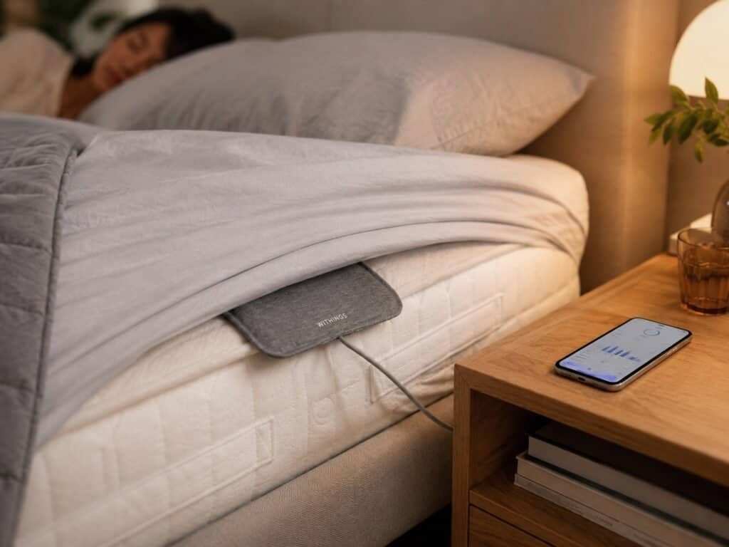 Withings Sleep sensor placed underneath a mattress for automatic sleep tracking