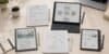 reMarkable Paper Pro, BOOX Note Air5 C, Kindle Scribe Colorsoft, Supernote Manta, and Kobo Elipsa 2E arranged on a clean work desk