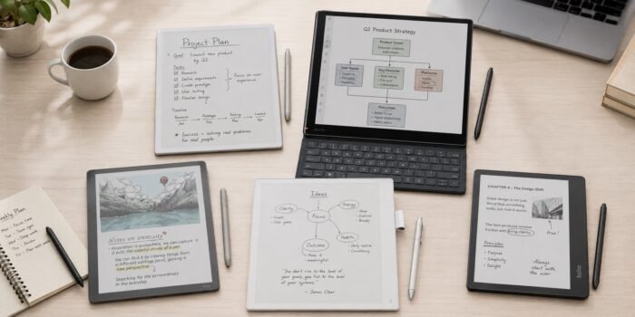 reMarkable Paper Pro, BOOX Note Air5 C, Kindle Scribe Colorsoft, Supernote Manta, and Kobo Elipsa 2E arranged on a clean work desk