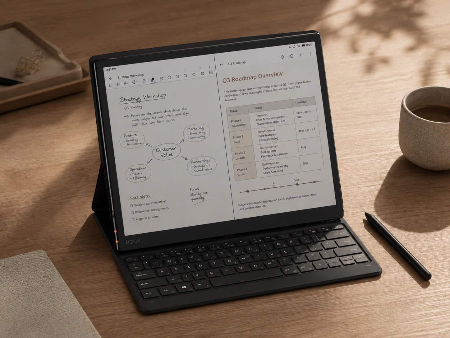 BOOX Note Air5 C color E-Ink tablet with Pen3, notes, Android app icons, and keyboard cover on a work desk