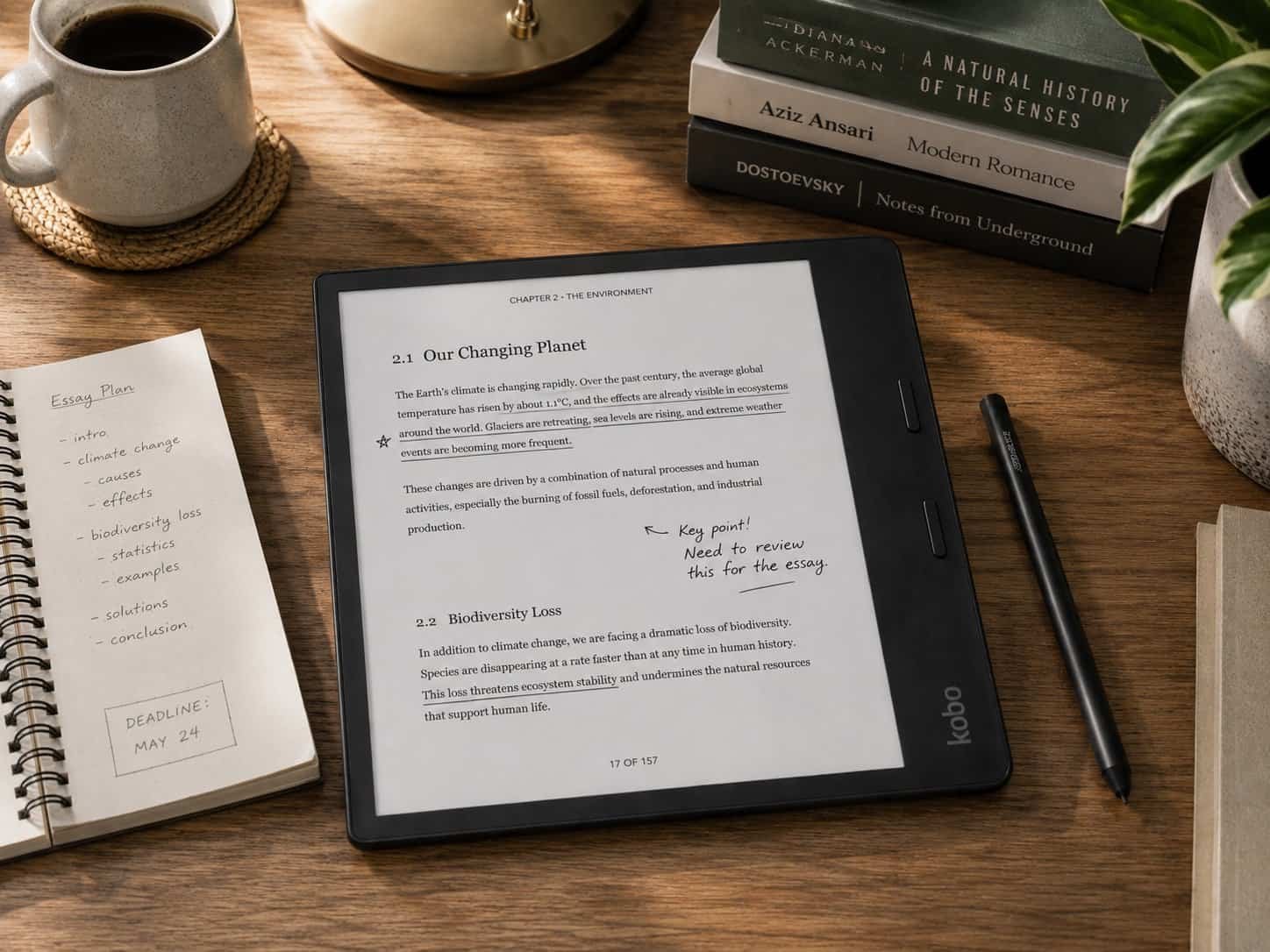 Kobo Elipsa 2E 10.3-inch E-Ink reader with Kobo Stylus 2, book page annotations, and notebook on a bedside table