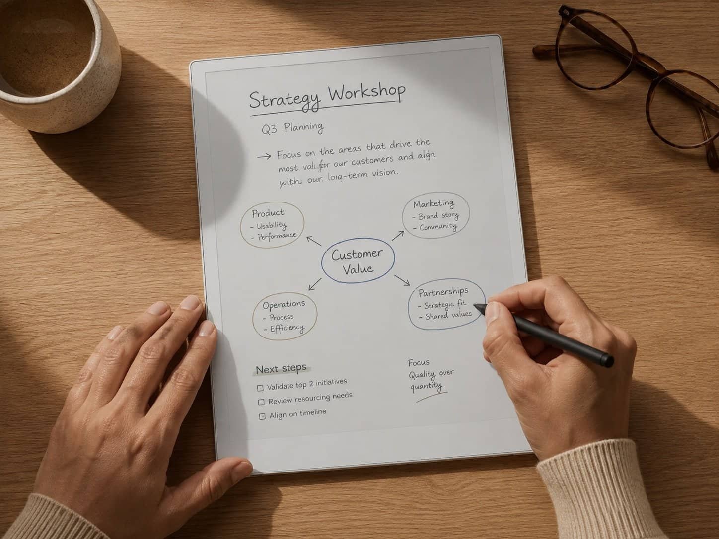 reMarkable Paper Pro color E-Ink tablet with Marker on a clean desk beside handwritten project notes