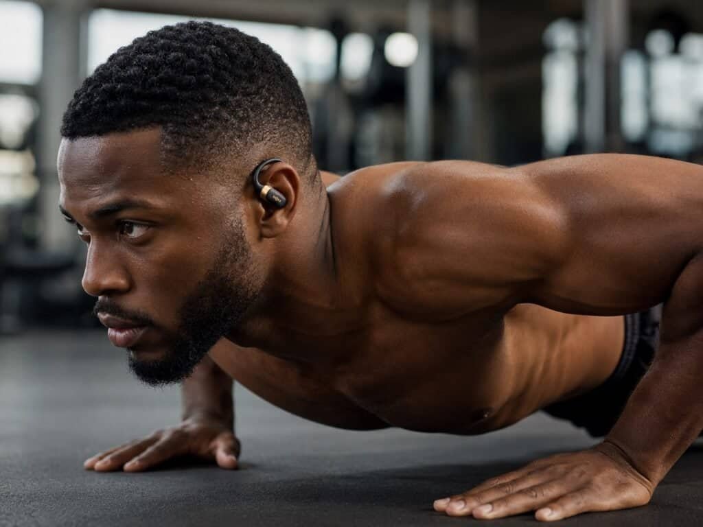Man wearing Shokz OpenFit 2+ open-ear earbuds during a gym workout