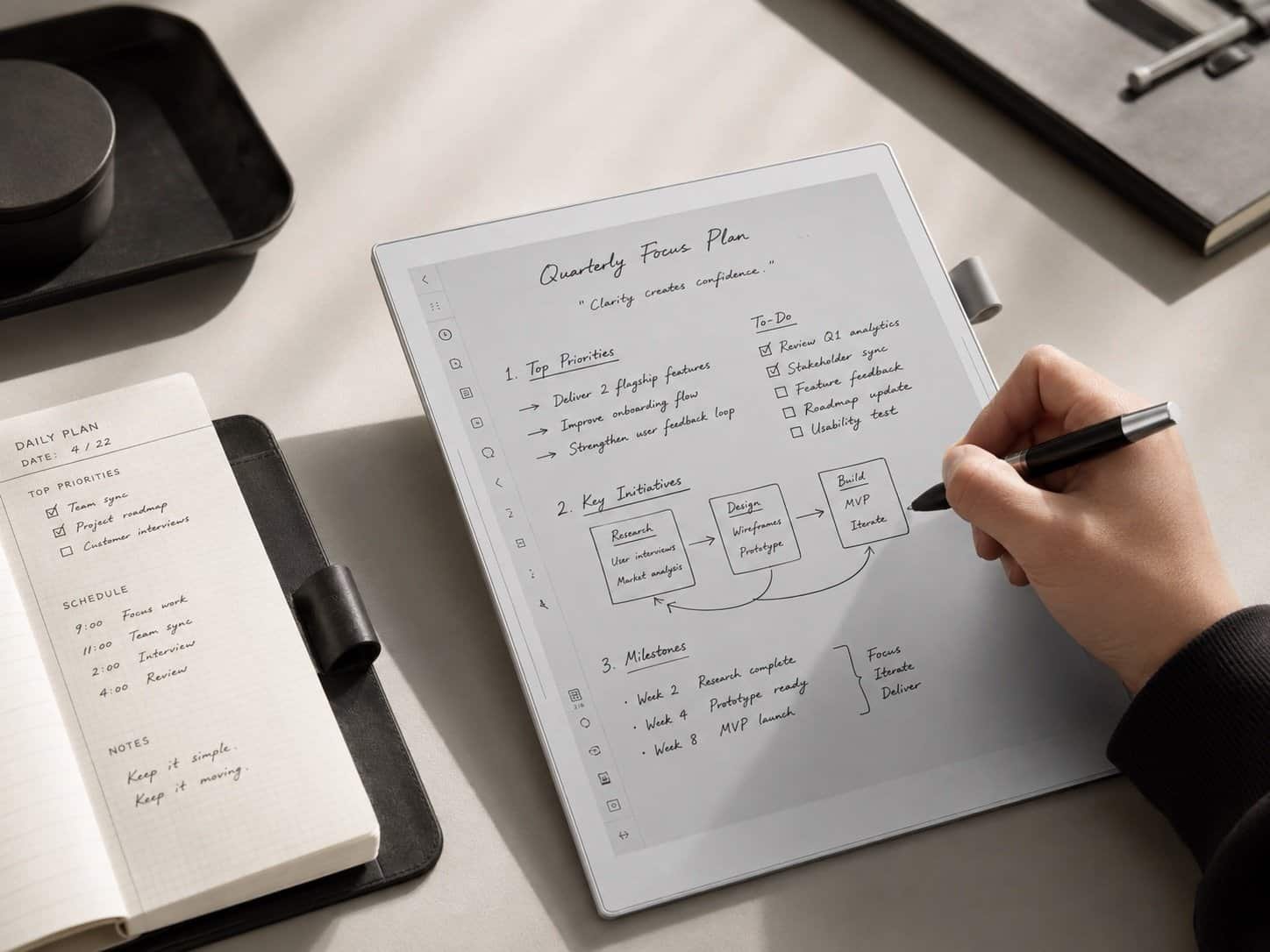 Supernote Manta A5 X2 E-Ink notebook with ceramic pen showing linked handwritten notes and headings
